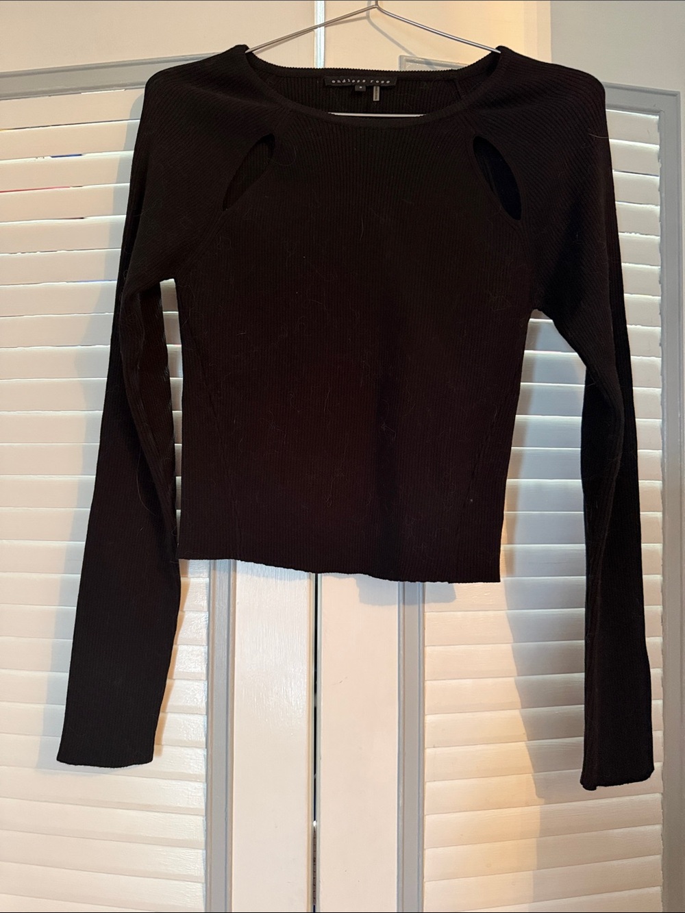 Endless Rose Black Ribbed Long-Sleeve Top with Shoulder Cutouts